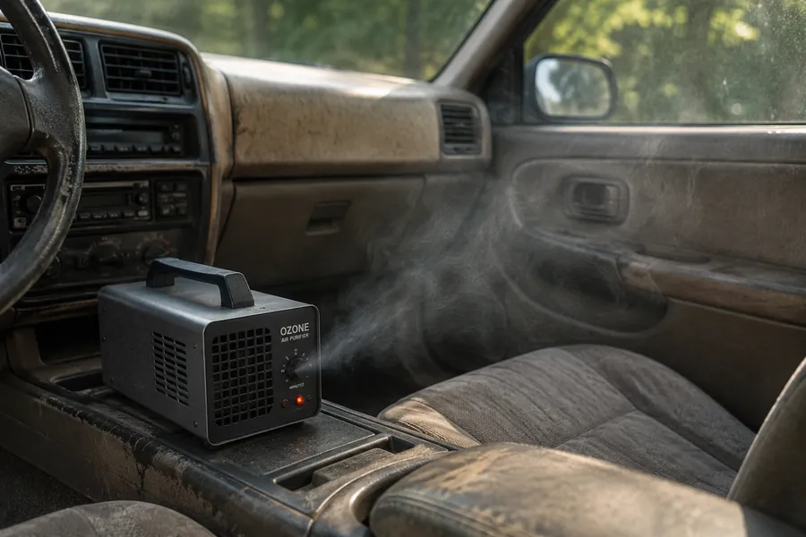 Older car interior being treated with an ozone generator