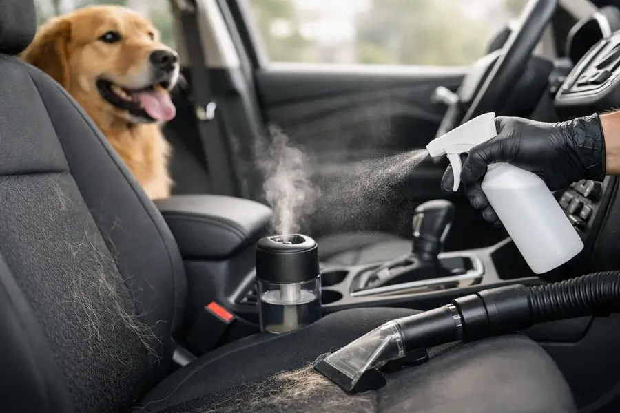 Dog in a car seat while the interior is treated