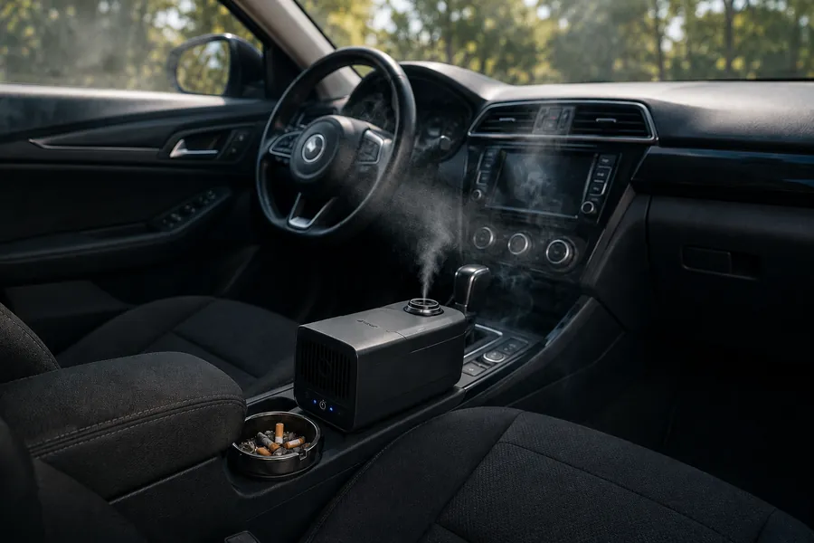Car interior with an ozone generator clearing smoke odor